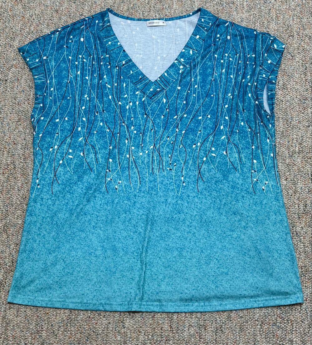 Xieerduo Women’s V-Neck Teal White & Black Decorative Sleeveless Blouse Size XL